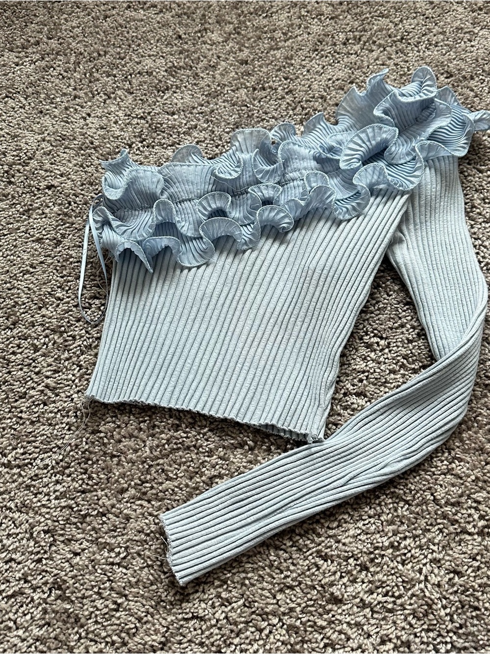 Zara Light Blue One-Shoulder Ruffle Ribbed Sweater - Picture 2 of 4